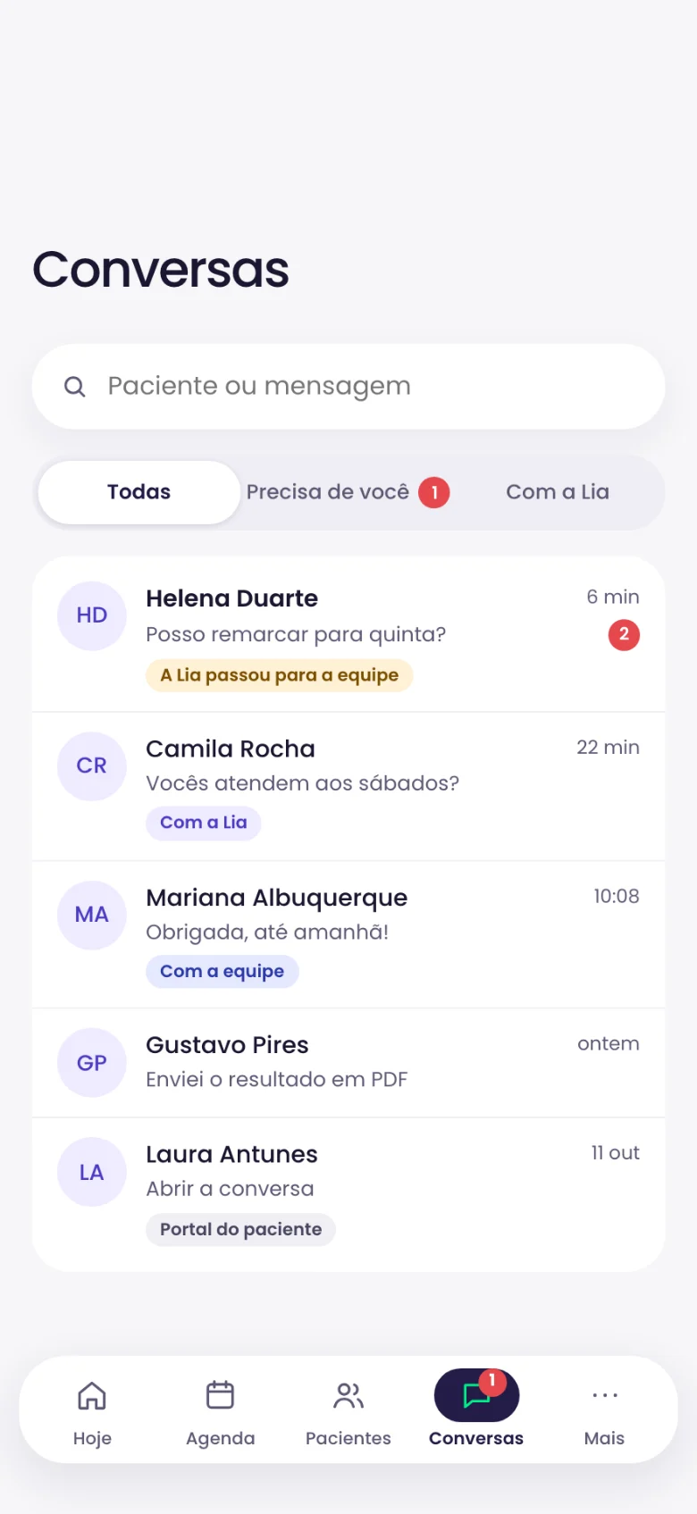 Tela do app Medora com as conversas dos pacientes