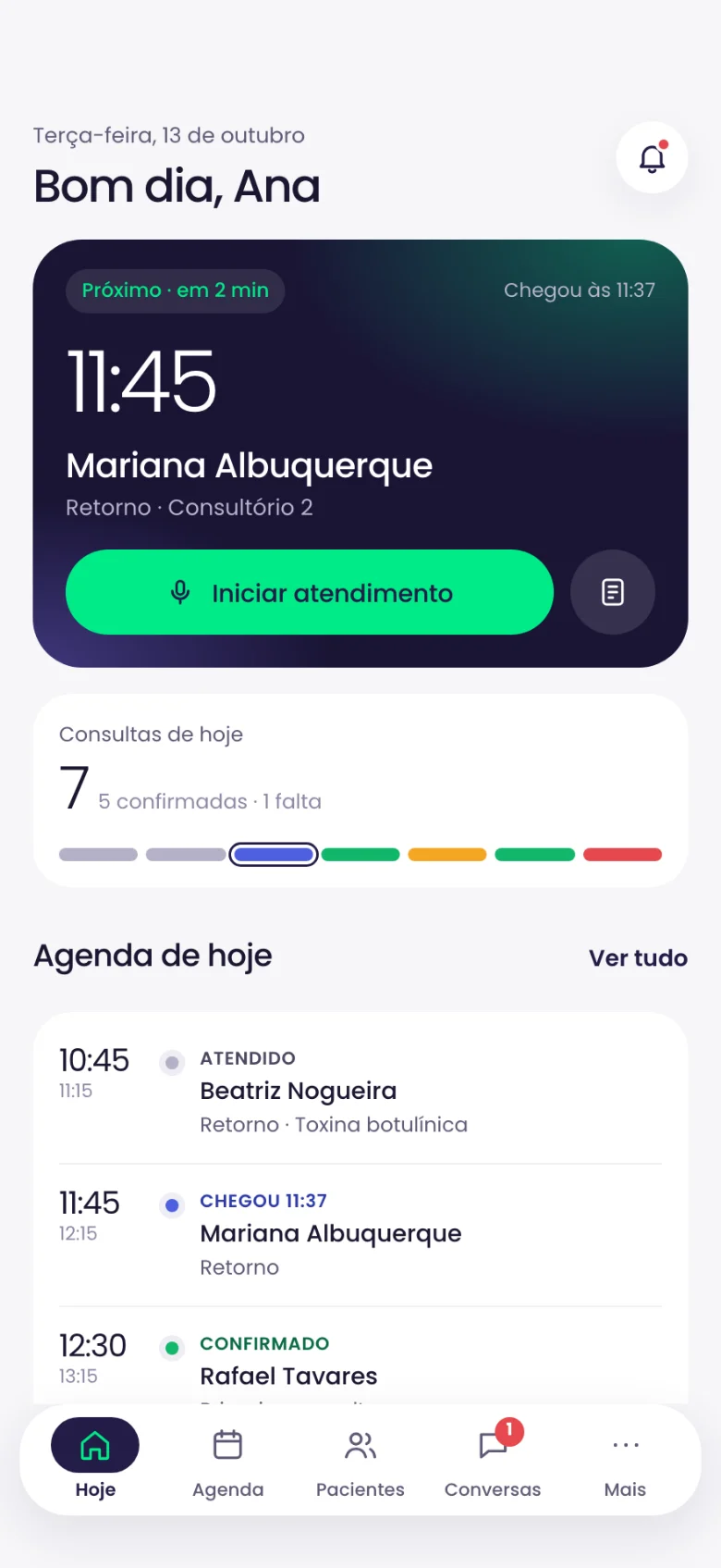 Tela inicial do app Medora com o próximo paciente e a agenda do dia